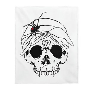 May include: Black and white illustration of a skull wearing a bandana with a spider on top. The bandana has the number "G59" written on it.