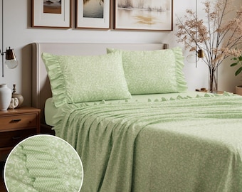 Floral with Polka Dot Ruffle Sheet Set - Color Green - All Sizes