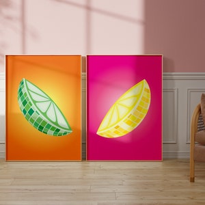 Aesthetic Digital Kitchen Wall Art Prints Set of 2 - Digital Download | Disco Lime and Lemon Fruit