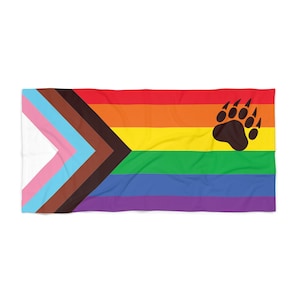 Gay Progress Pride with Paw -  Beach Towel! LGBTQIA, LGBTQ towel, Queer towel, gay bear pride, beach towel, say gay