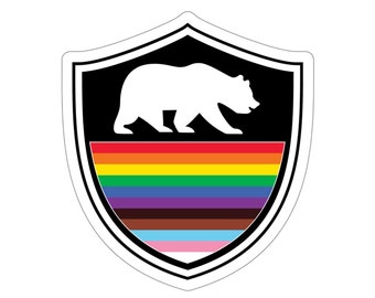 Gay Pride Bear Badge Sticker, LGBTQIA Progress Flag