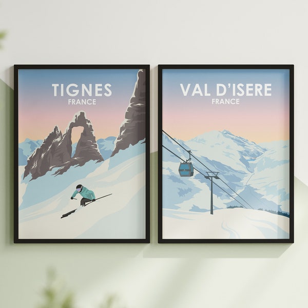 Lot de 2 posters de stations de ski - Espace Killy, Tignes, Val Disere,Ski Print, Ski Gifts, Ski Poster | Art mural | A4 | A3 | A2