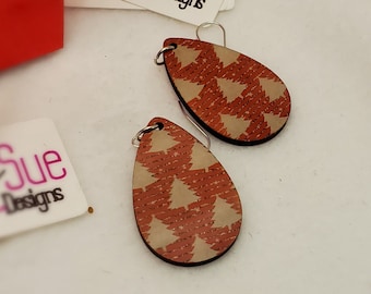Tan Christmas Trees with Red and Sparkle Gold Striped Background Teardrop Dangle Earrings