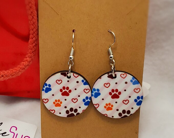 Colorful Paw Print, Heart, and Polka Dot Pattern on White and Pink Striped Background Circle Dangle Earring