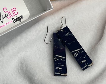 Navy Blue with Ivory Patterned Lines Rectangle Dangle Earring