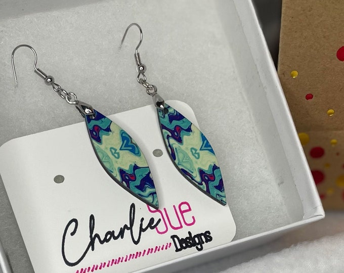 Multi-colored swirl patterned Long Leaf Dangle Earring