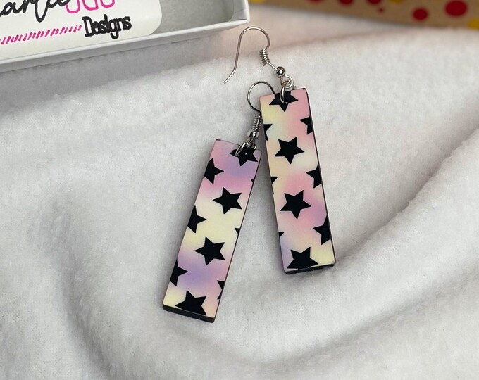 Pink with Black Stars Rectangle Dangle Earring