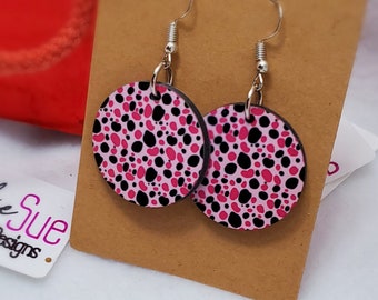 Black and Pink Dots on Light Pink Background Circle Dangle Earrings