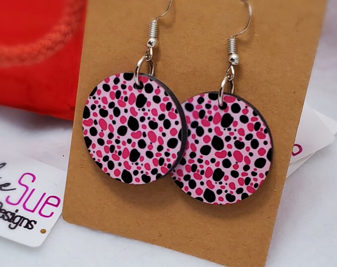 Black and Pink Dots on Light Pink Background Circle Dangle Earrings