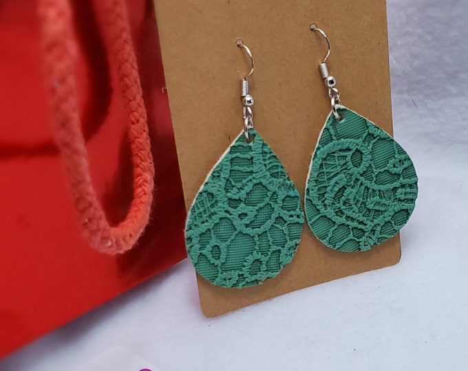 Teal Swirl Design Faux Leather  Teardrop and Oval Dangle Earrings