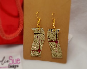 Sparkly Gold with Color Splatter Faux Leather Rectangle Dangle Earrings