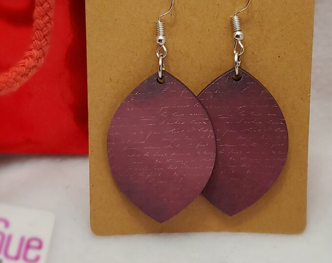 Light Cream/Ivory handwriting on Burgundy/Wine background Leaf Shaped Dangle Earring