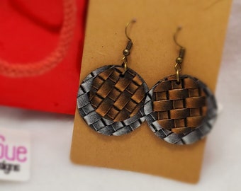 Two Layer Bronze and Silver Circle Basket Weave Faux Leather Dangle Earring
