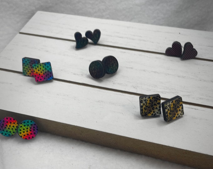 Rainbow Color Patterned Wooden Stud Earrings