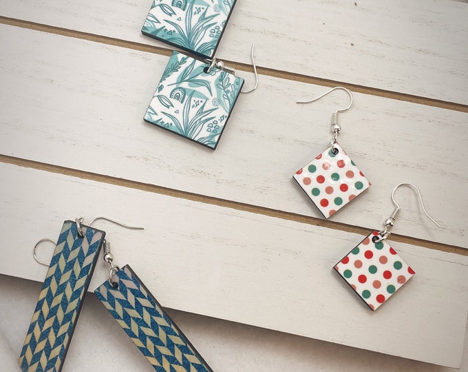 Fun Colorful Patterned Wood Dangle Earrings