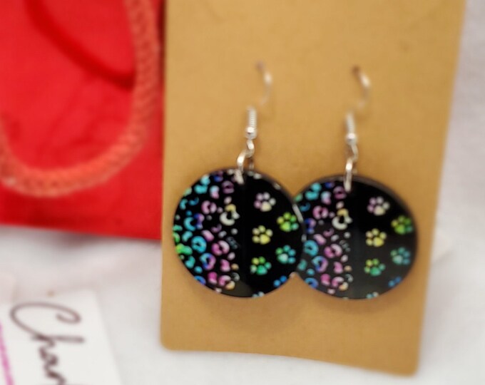 Rainbow Animal Print on Black Background Dangle Earring