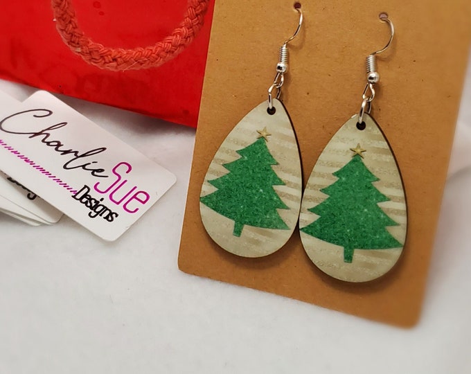 Green Sparkly Christmas Tree on Tan Striped Background Teardrop Dangle Earrings