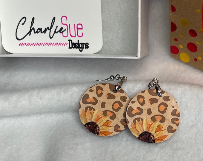 Sunflower Cheetah/Leopard Print Circle Dangle Earrings