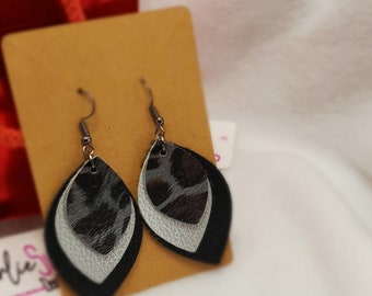 Three Layer Animal Print Leaf and Egg Shape Faux Leather Dangle Earring