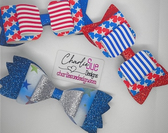 Fourth of July, Labor Day, Memorial Day, Americana Red White and Blue Stars and Stripes Faux Leather Hair Bows