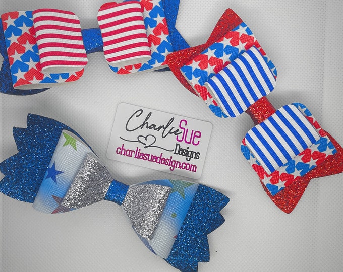 Fourth of July, Labor Day, Memorial Day, Americana Red White and Blue Stars and Stripes Faux Leather Hair Bows