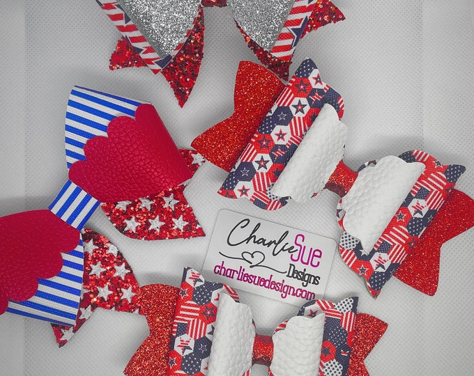 Americana Fourth Of July Red White and Blue Faux Leather Girls Hair Bows