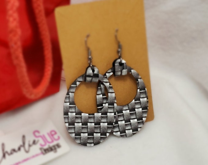 Basketweave Faux Leather Oval  or Circle Design Dangle Earrings
