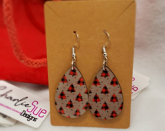 Red and Black Plaid Christmas Trees on Tan Background Tear Drop Dangle Earrings
