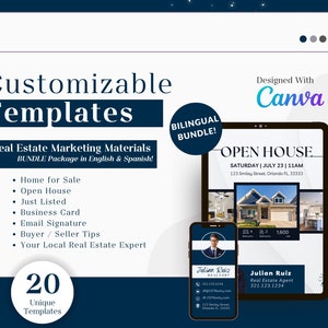 May include: A blue and white digital marketing template for real estate agents. The template includes an open house flyer, a business card, and a social media post. The template is customizable and includes 20 unique designs. The text on the template reads "Customizable Templates", "Real Estate Marketing Materials", "Bilingual Bundle", "Open House", "Saturday | July 23 | 11AM", "123 Smiley Street, Orlando FL 33333", "Julian Ruiz", "Real Estate Agent", "321.123.1234", and "20 Unique Templates".