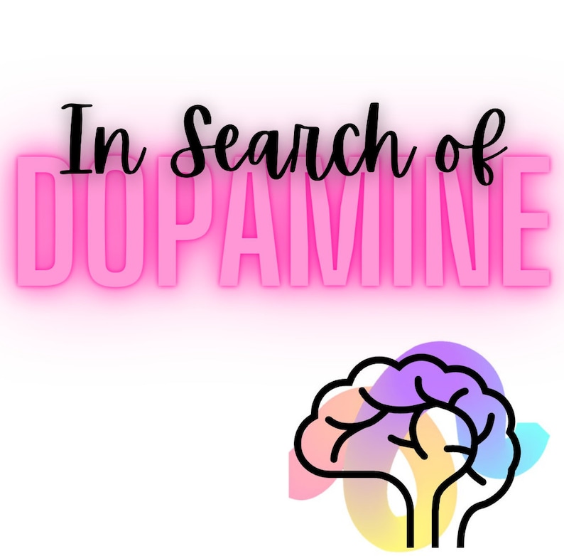 Op de afbeelding: Een roze neonbord met de tekst "In Search of Dopamine" en een illustratie van een kleurrijk cartoonbrein.