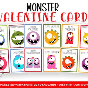 Cute Monster Valentine Cards | Printable Valentine Cards | Valentine Class Gifts | Holiday Card | Printables for Kids