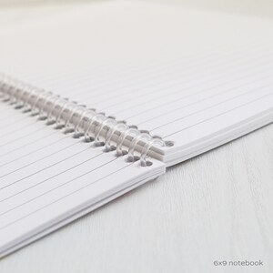 May include: Close-up of a white spiral bound notebook with lined pages. The notebook is open and the binding is visible. The notebook is on a white surface.