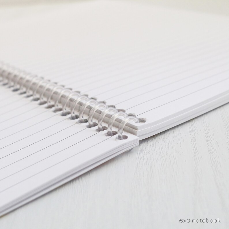 May include: Close-up of a white spiral bound notebook with lined pages. The notebook is open and the binding is visible. The notebook is on a white surface.