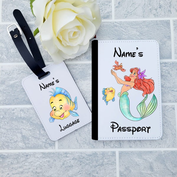 Personalised Ariel Little Mermaid Passport Holder | Luggage Tag | Any Name | Any Picture | Passport Cover | Set OR Individual