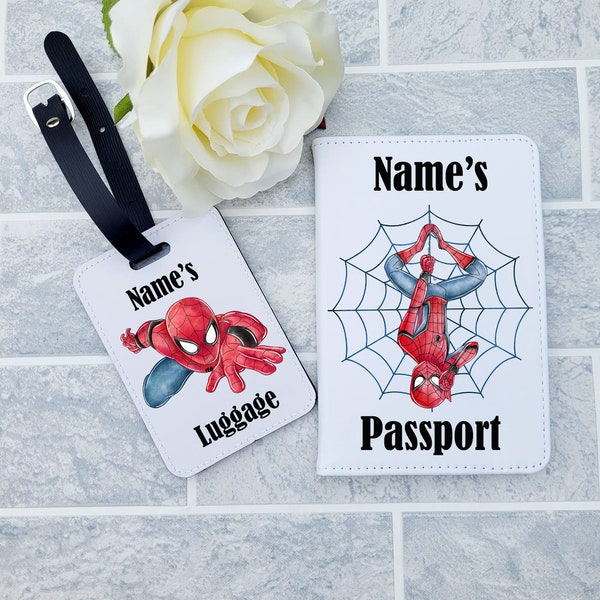 Personalised Spiderman Passport Holder | Luggage Tag | Any Name | Any Text | Passport Cover | Set OR Individual | Gift