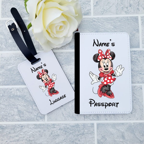 Personalised Minnie Mouse Passport Holder | Luggage Tag | Any Name | Any Text | Passport Cover | Set OR Individual | Gift