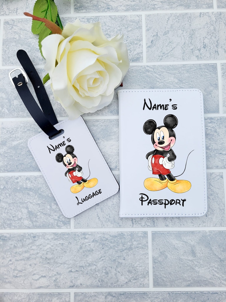 Personalised Mickey Mouse Passport Holder Luggage Tag Any Name Any Text Passport Cover Set OR Individual Gift image 1