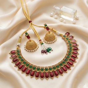 Traditional Kerala Palakka Choker Necklace Set with Jhumka Earrings – Temple Jewelry