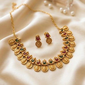 Ensemble collier et boucles d'oreilles style temple, plaqué or mat antique – Collier ras-de-cou Lakshmi avec pièces de monnaie et rubis/émeraude