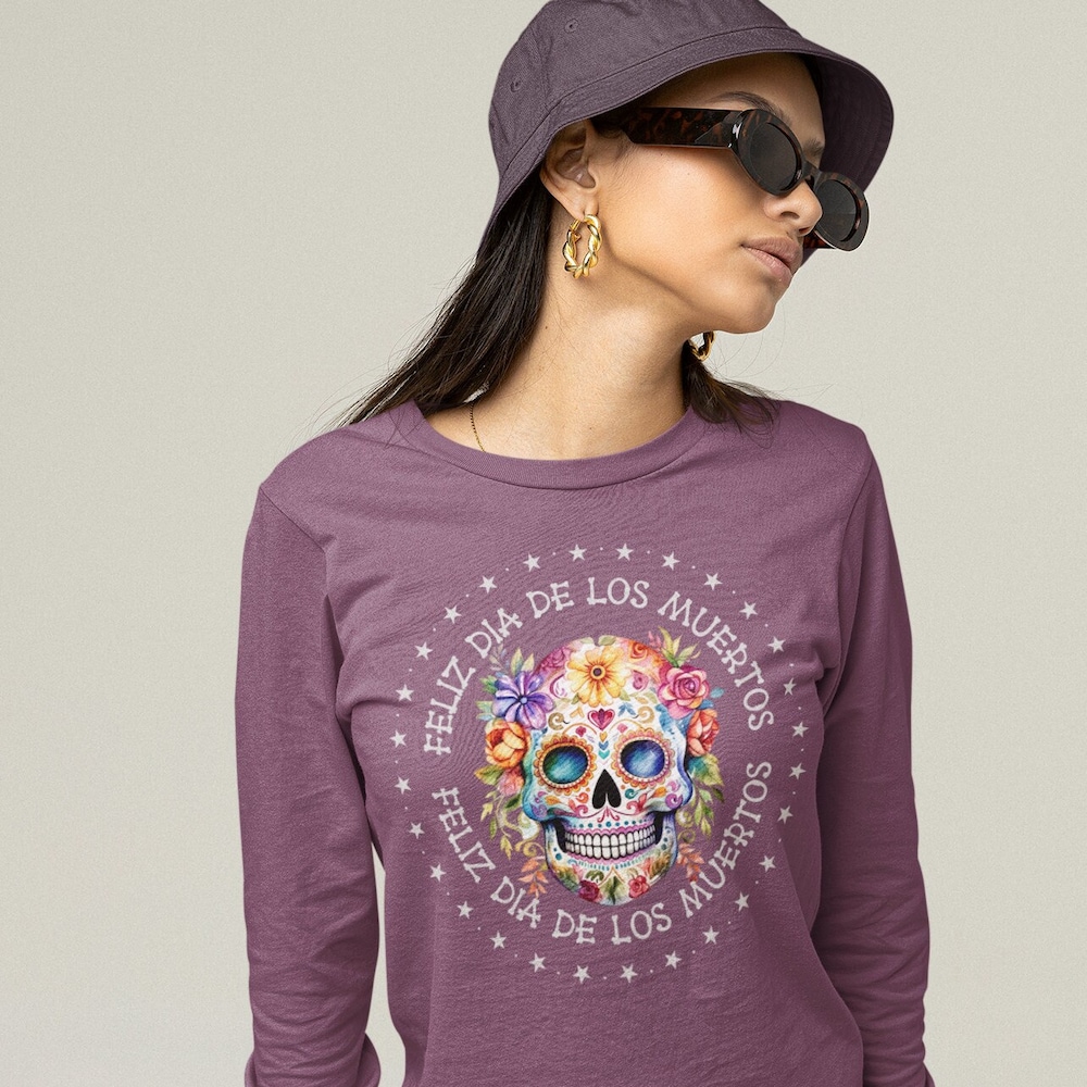 Day Of The Dead Unisex Long Sleeve T-Shirt, Feliz Dia De Los Muertos Long Sleeved Tee Shirt, Sugar Skull Design #1 Long Sleeve Tee Donuink Store