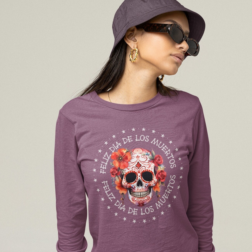 Day Of The Dead Unisex Long Sleeve T-Shirt, Feliz Dia De Los Muertos Long Sleeved Tee, Sugar Skull Design #2 Long Sleeve Tee Shirt Donuink Store