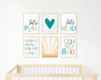 Let’s play let’s read printable wall art for kids room / instant digital download / set of 6 prints / gifts for teachers / abc learning