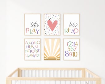 Let’s play let’s read printable wall art for kids room / instant digital download / set of 6 prints / gifts for teachers / abc learning