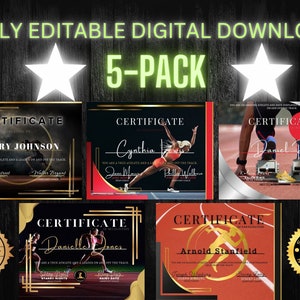 May include: Five editable digital certificates of participation for track and field athletes. Each certificate features a black background with gold accents and a photo of a runner. The text "CERTIFICATE" is in gold lettering. The certificates are labeled with the names "Terry Johnson", "Cynthia", "Daniel Ross", "Danielle Jones", and "Arnold Stanfield".