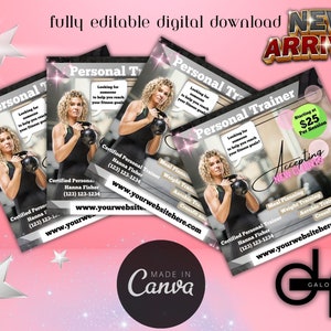 Può includere: Un volantino di marketing digitale in bianco e nero per un personal trainer. Il volantino presenta una donna che tiene un kettlebell e il testo "Personal Trainer" e "Accepting New Clients". Il volantino include anche il testo "Starting at $25 Per Session".