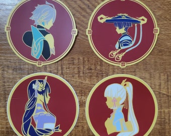 May include: Four circular stickers with anime character silhouettes. Each has a maroon background and a gold border. The characters are in blue, yellow, and white, with detailed designs. Ideal for fans of anime.