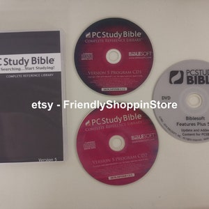 May include: PC Study Bible Version 5 software in a clear plastic case with three discs. The discs are labeled "Version 5 Program CD1", "Version 5 Program CD2", and "PC Study Bible". The text "Biblesoft" appears on the discs and the case.