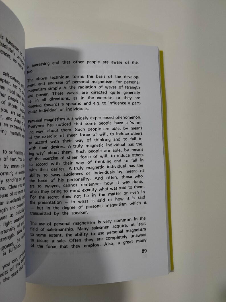 May include: A page from a book about personal magnetism, with text discussing the concept of personal magnetism and how it can be used to influence others. The text mentions that some people have a "winning way" about them and are able to sway others with their force of will. The text also mentions that personal magnetism is common in salesmanship.