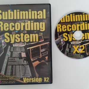 May include: A DVD case with a black background and yellow text that reads "Subliminal Recording System" with the trademark symbol. The case has a picture of a recording studio with a mixing board and computer monitors. The DVD case also has the text "Version X2" and "(C)Copyright Subliminal Recorder 2002-2020".