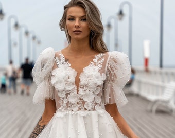 Lace wedding dress, beach wedding dress, bridal dress, tulle wedding dress, corset, sexy wedding dress, simple wedding dress,custom dress